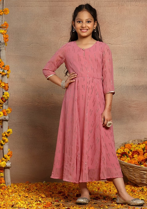 Pink Abstract Print Embellished Anarkali Kurta