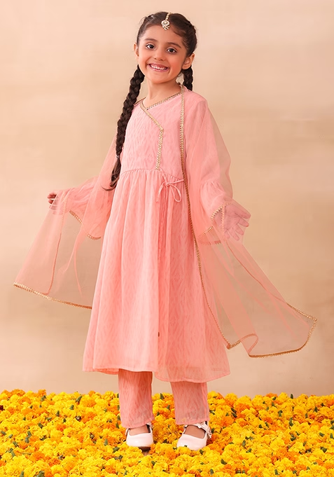 Light Pink Ikat Print Kurta With Churidar Pants And Dupatta (Set of 3)