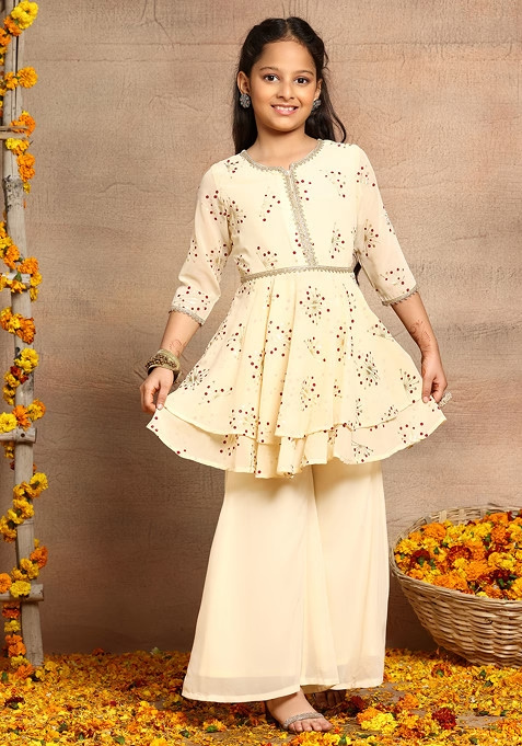 Ivory Abstract Geometric Print Kurta With Palazzo (Set of 2)