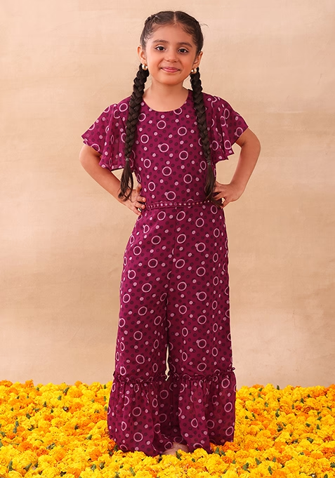 Hot Pink Polka Dot Print Jumpsuit With Dori Belt (Set of 2)