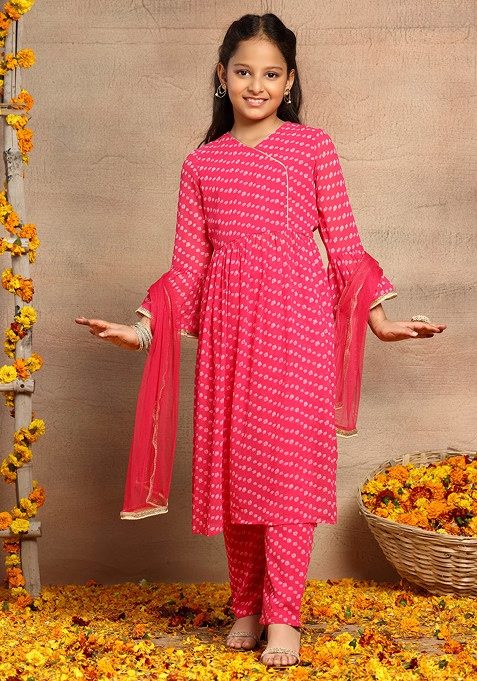 Hot Pink Bandhani Print Angrakha Kurta With Pants And Dupatta (Set of 3)