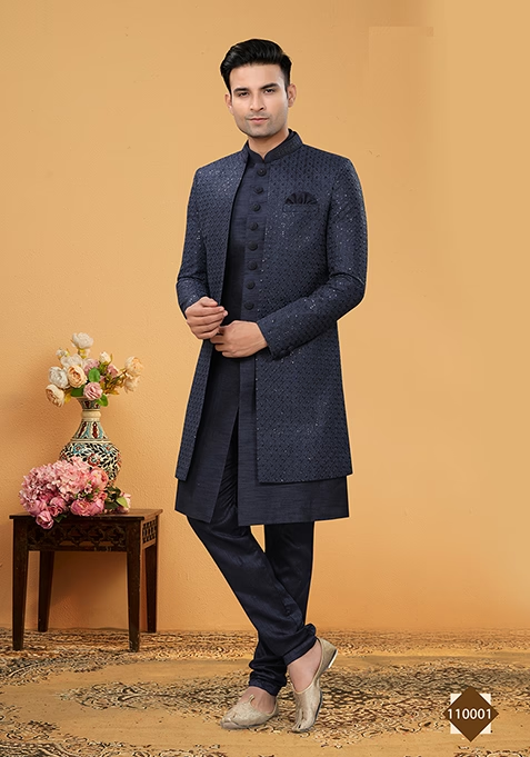 Navy Blue Embroidered Poly Blend Indo Western Jacket And Kurta Set For Men