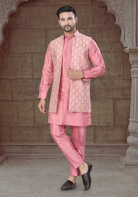 Peach Embroidered Silk Indo Western Sherwani Set For Men