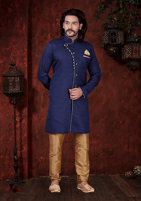 Navy Blue Embroidered Silk Indo Western Sherwani Set For Men