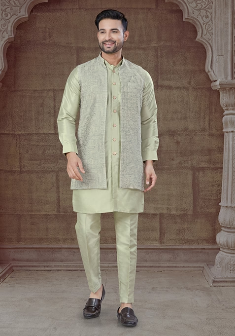 Pista Green Embroidered Silk Indo Western Sherwani Set For Men