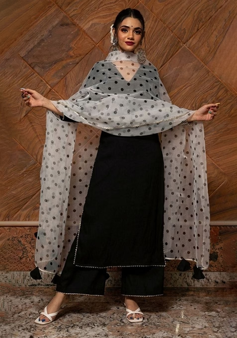 Black Digital Print Rayon Kurta Set With Dupatta
