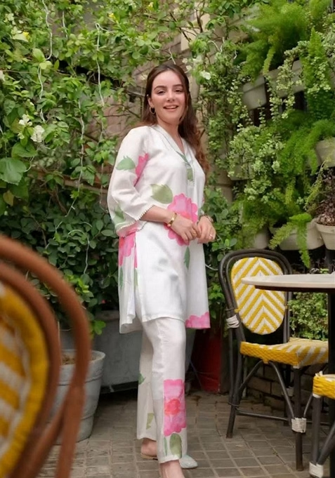 White Digital Print Rayon Co-Ord Set