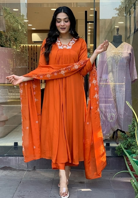 Orange Embroidered Silk Chiffon Anarkali Set