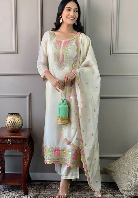 Cream Embroidered Viscose Kurta Set With Dupatta