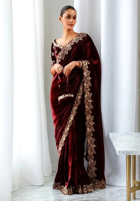 Maroon Embroidered Velvet Saree Set