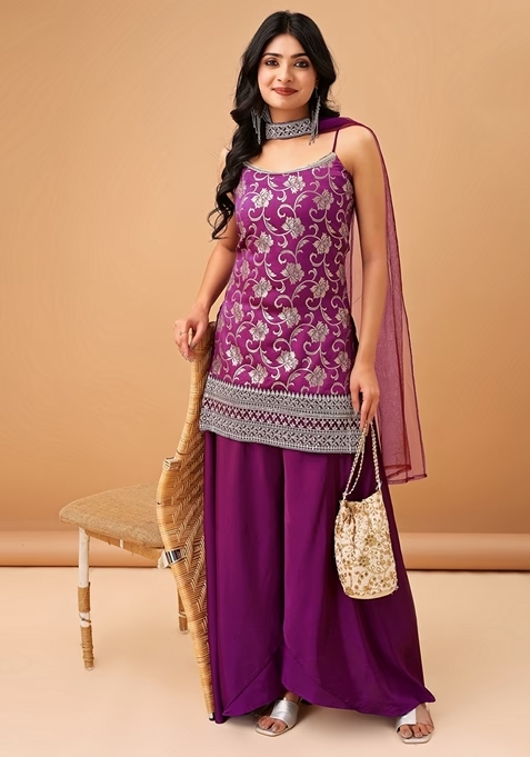 Violet Embroidered Jacquard Salwar Kameez